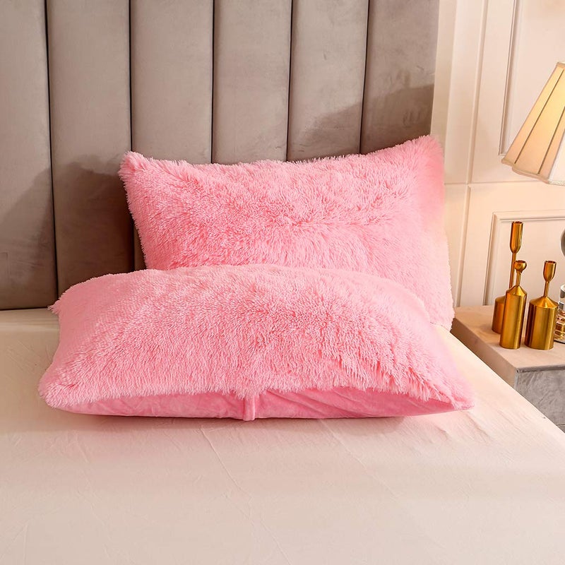 Uhamho Faux Fur Velvet Fluffy Bedding Duvet Cover Set Down Comforter Quilt Cover with Pillow Shams, Ultra Soft Warm (Pink, Queen) - Image 4
